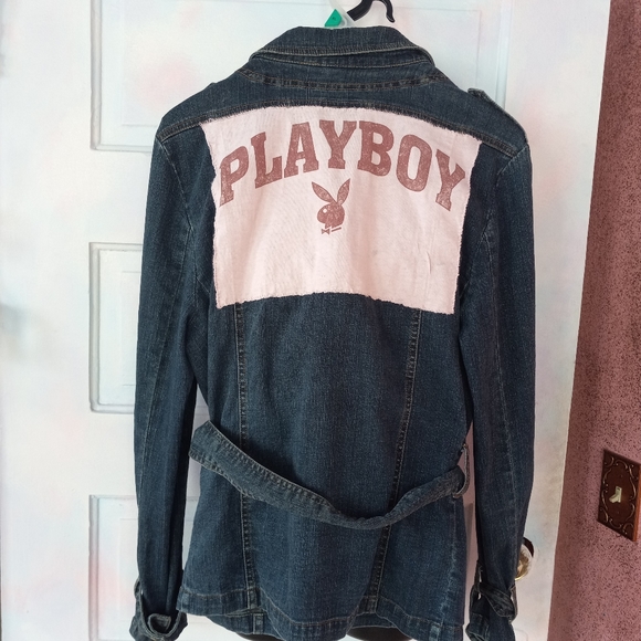Custom PLAYBOY late 90s/early y2k belted denim jacket w all the trimmings!  Rdy! - Picture 2 of 8